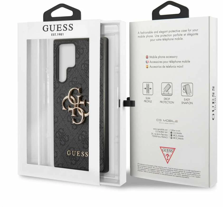 Guess GUHCS22L4GMGGR S908 S22 Ultra pilkas kietas dėklas 4G Big Metal Logo