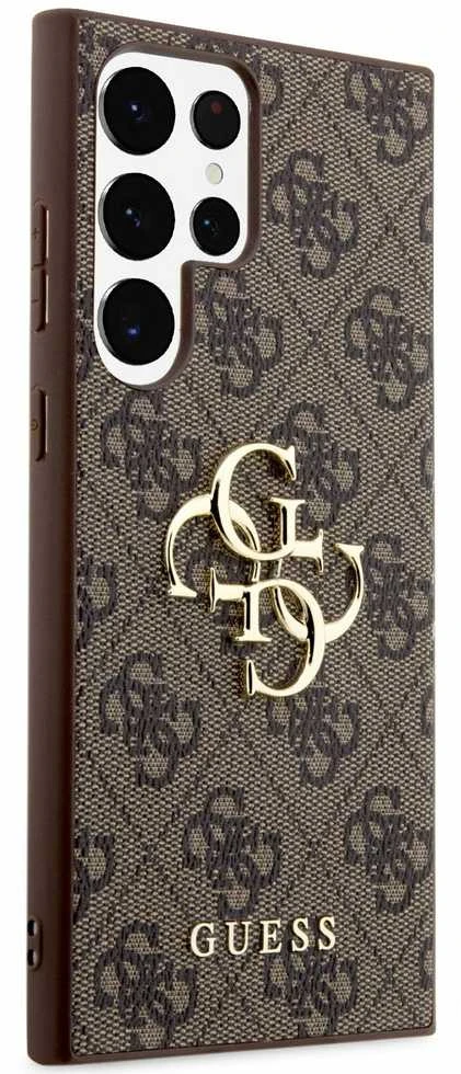 Guess PU 4G Metal Logo dėklas skirtas Samsung Galaxy S23 Ultra rudos spalvos