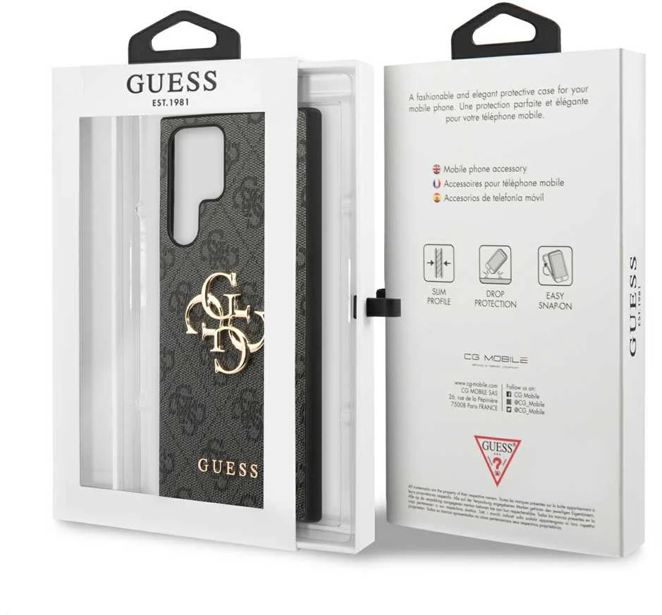 Guess PU 4G Metal Logo dėklas skirtas Samsung Galaxy S24 Ultra pilkos spalvos