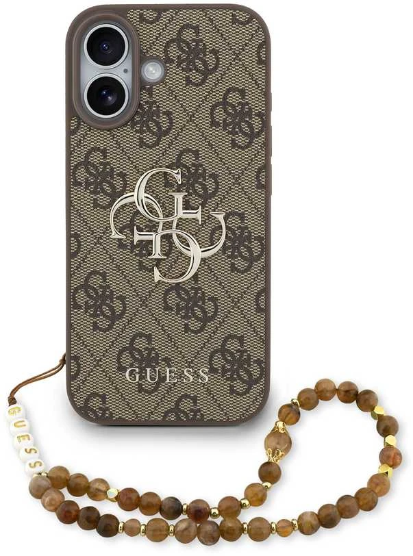 Dėklas „Guess“ PU 4G metalinis logotipo dirželis, skirtas „Apple iPhone 17“ rudos spalvos
