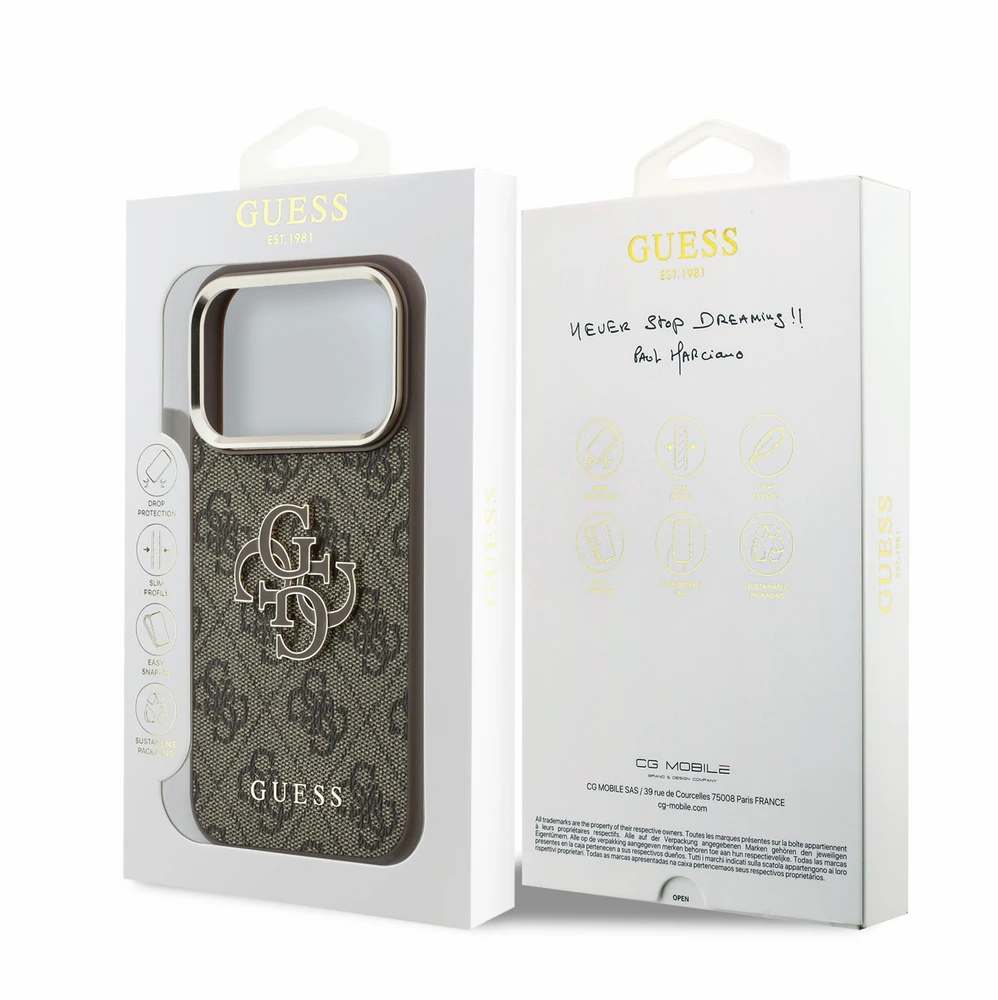 Dėklas Guess 4G & Big Resin Logo skirtas iPhone 18 Pro / iPhone 17 Pro ruda