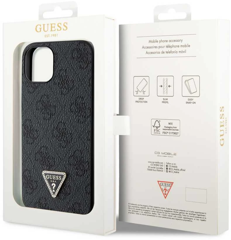 Guess PU 4G Strass Triangle Metal Logo dėklas skirtas Apple iPhone 15 juodos spalvos