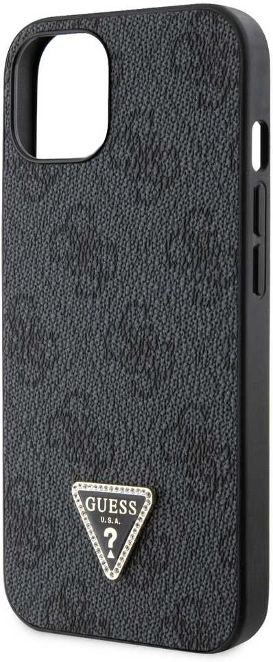 Guess PU 4G Strass Triangle Metal Logo dėklas skirtas Apple iPhone 15 juodos spalvos
