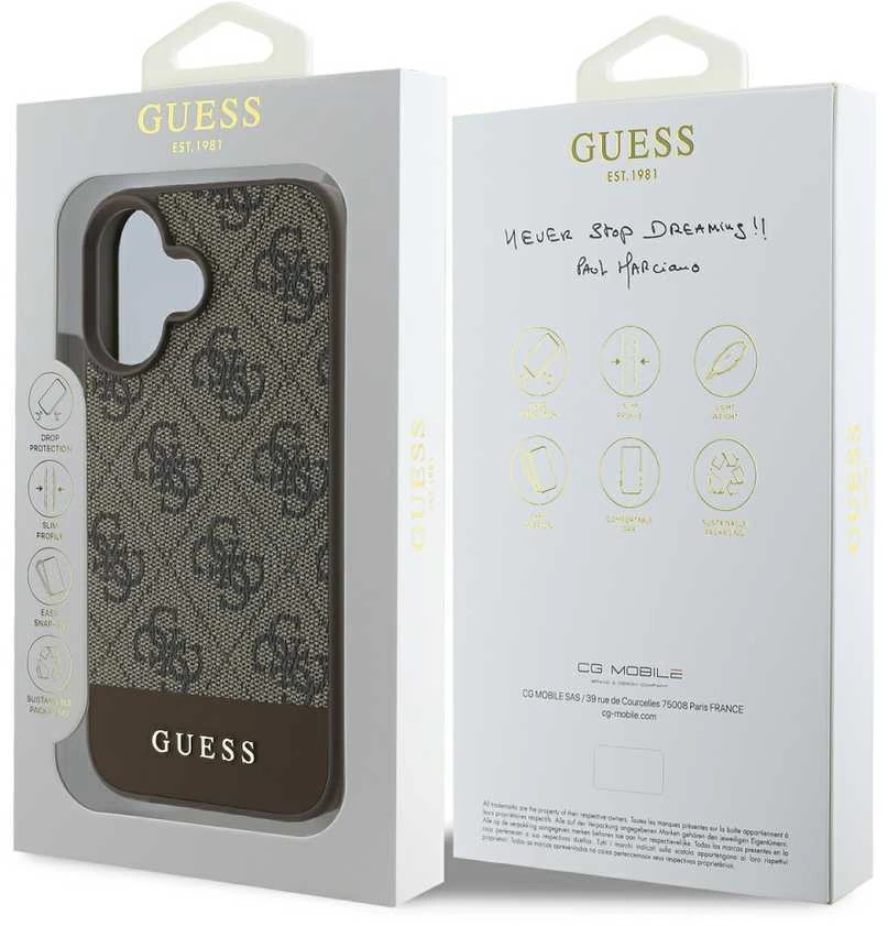 Guess PU 4G Stripe Apple iPhone 16 dėklas telefonui rudos spalvos