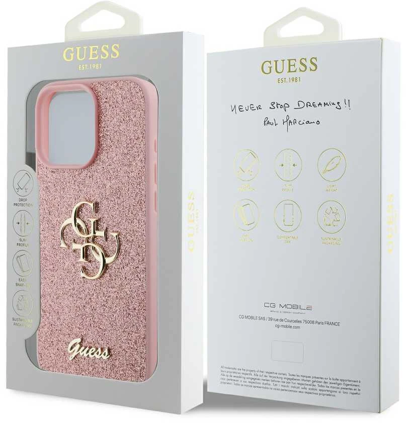 Guess PU Fixed Glitter 4G Metal Logo Apple iPhone 16 Pro Max dėklas telefonui rožinės spalvos