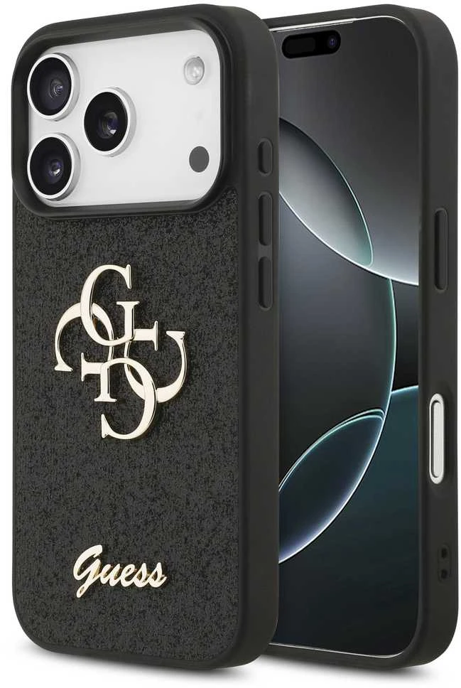 Guess PU Fixed Glitter 4G Metal Logo dėklas skirtas Apple iPhone 17 Pro juodos spalvos