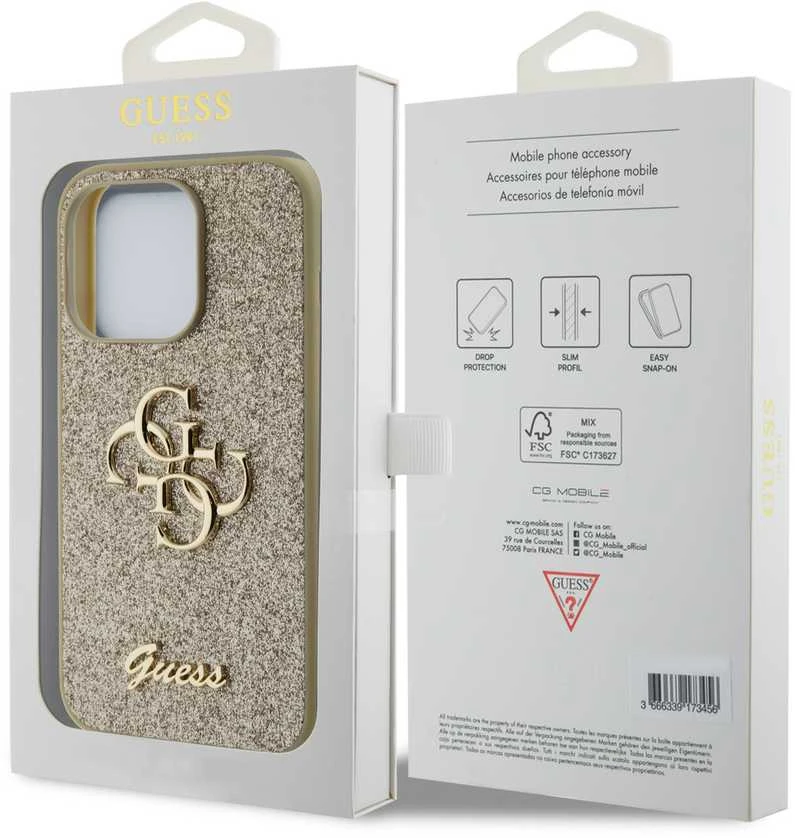 Dėklas GUESS GUHCP15LHG4SGD IPHONE 15 PRO 6.1 "GOLD/GOLD HARDCASE GLITTER SCRIPT BIG 4G