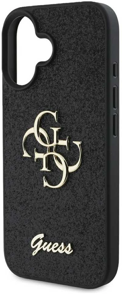 Guess PU Fixed Glitter 4G Metal Logo dėklas skirtas Apple iPhone 16 juodos spalvos