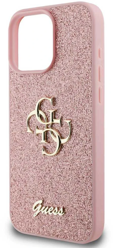 Guess PU Fixed Glitter 4G Metal Logo Apple iPhone 16 Pro Max dėklas telefonui rožinės spalvos