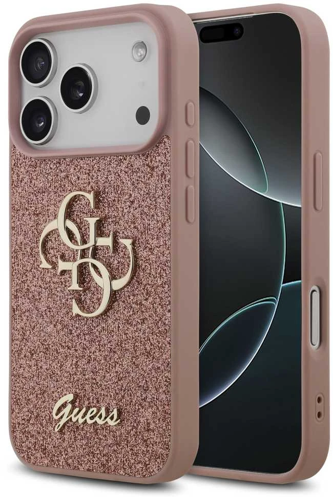 Guess PU Fixed Glitter 4G Metal Logo dėklas skirtas Apple iPhone 17 Pro rožinės spalvos
