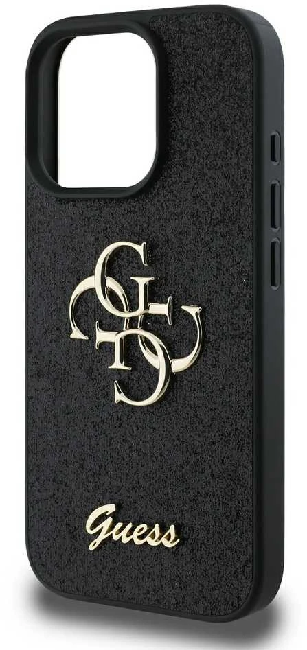 Guess PU Fixed Glitter 4G Metal Logo Apple iPhone 16 Pro dėklas telefonui juodos spalvos