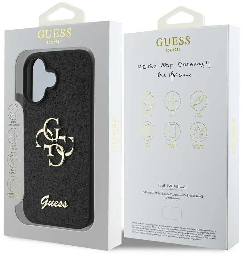 Guess PU Fixed Glitter 4G Metal Logo dėklas skirtas Apple iPhone 16 juodos spalvos