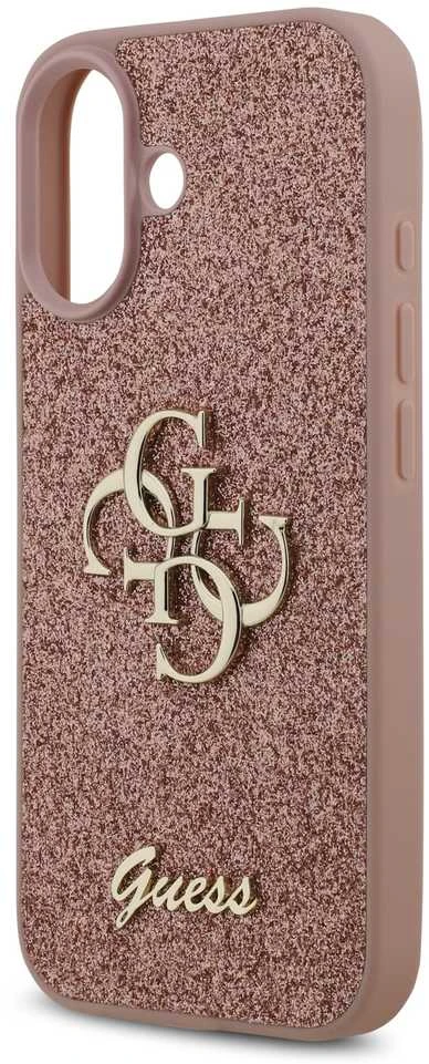 Guess PU Fixed Glitter 4G Metal Logo dėklas skirtas Apple iPhone 17 rožinės spalvos