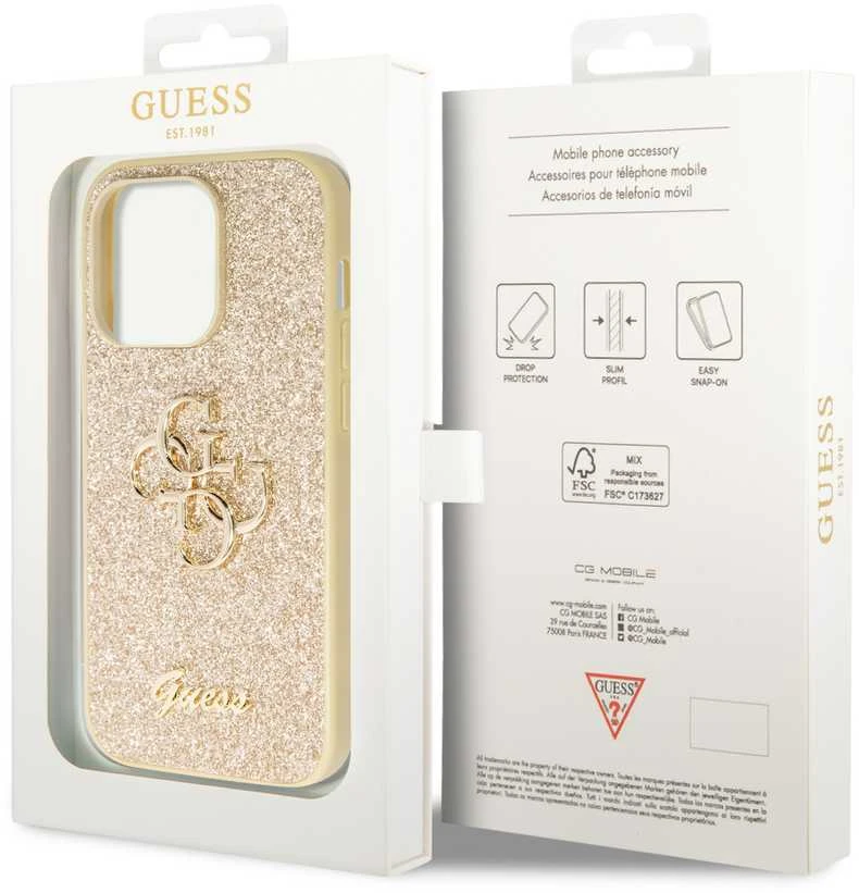 Dėklas GUESS GUHCP15XHG4SGD IPHONE 15 PRO MAX 6.7 "ZLOTY/GOLD HARDCASE GLITTER SCRIPT BIG 4G