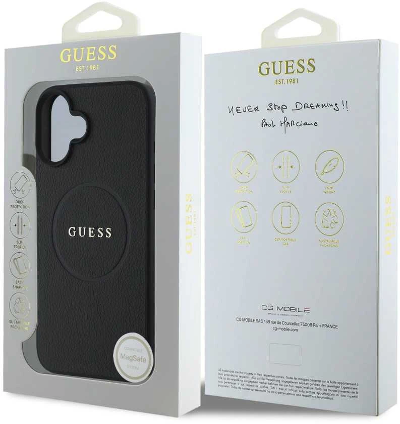Guess GUHMP16MPGHSMMK Apple iPhone 16 Plus 6.7″ juodos spalvos kietas dėklas Grained Ring MagSafe