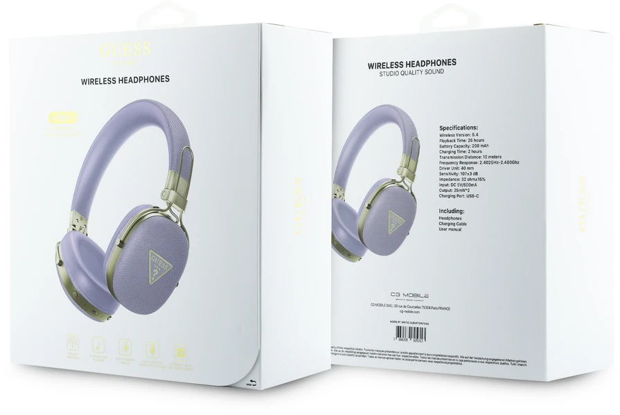 Guess PU Grained Triangle Auksinė Metal Logo ENC belaidės ausinės violetinės spalvos