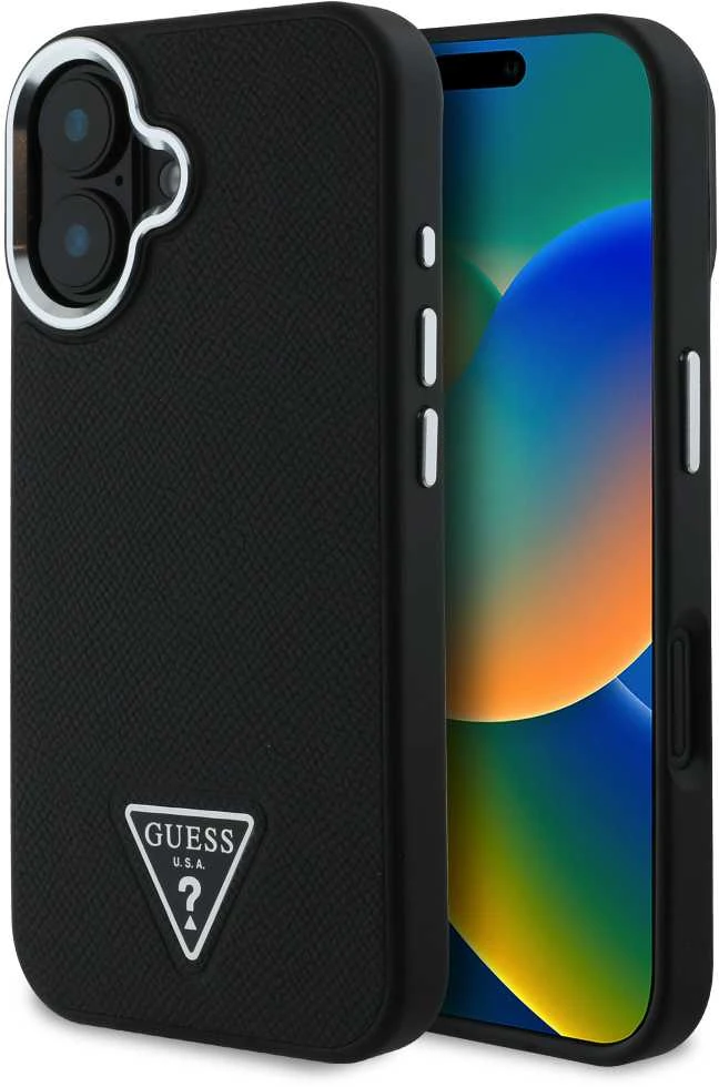 Guess Grained Triangle MagSafe case Apple iPhone 16 – dėklas telefonui juodos spalvos