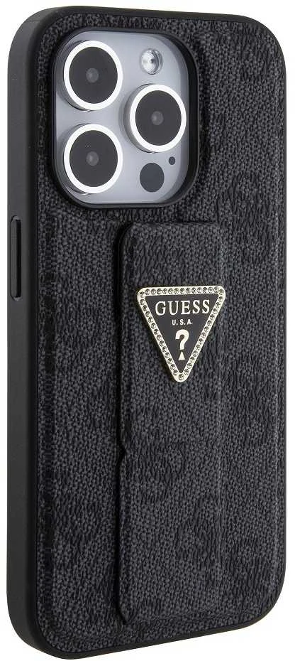 Guess GUHCP15LPGS4TDK Apple iPhone 15 Pro 6.1″ juodos spalvos kietas dėklas Grip Stand 4G Triangle Strass