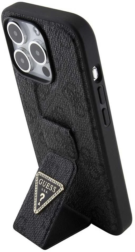 Guess GUHCP15LPGS4TDK Apple iPhone 15 Pro 6.1″ juodos spalvos kietas dėklas Grip Stand 4G Triangle Strass