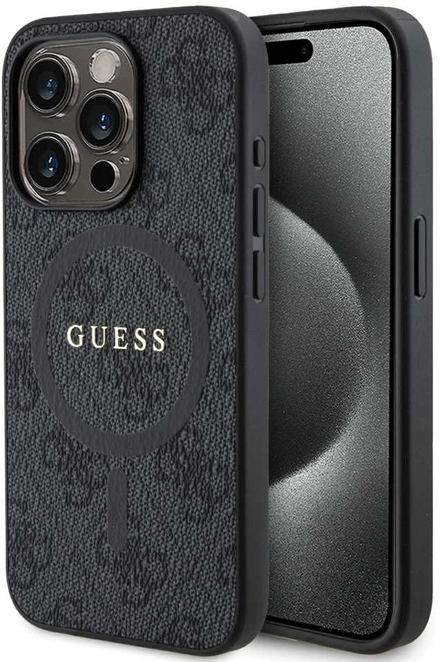 Dėklas Guess Apple iPhone 15 Pro 4G Collection Odinis Metalinis Logotipas MagSafe Juodas | ATSPĖK