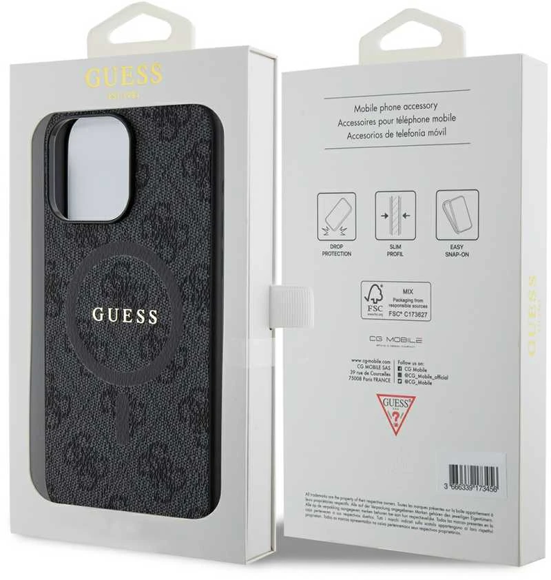 Guess PU odos 4G Colored Ring MagSafe dėklas skirtas iPhone 15 Pro Max juodos spalvos