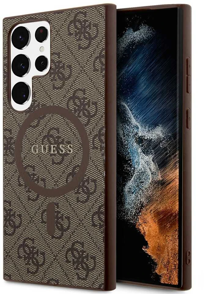 „Guess 4G Collection“ odinis metalinis „MagSafe“ logotipas – „Samsung Galaxy S24 Ultra“ rudas dėklas