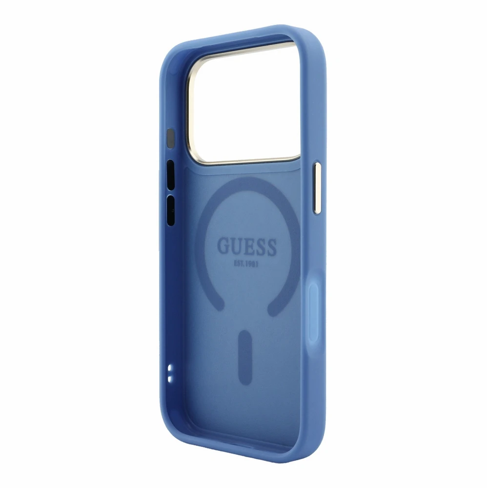 Guess Embossed 4G Classic MagSafe dėklas skirtas iPhone 18 Pro / iPhone 17 Pro mėlynas