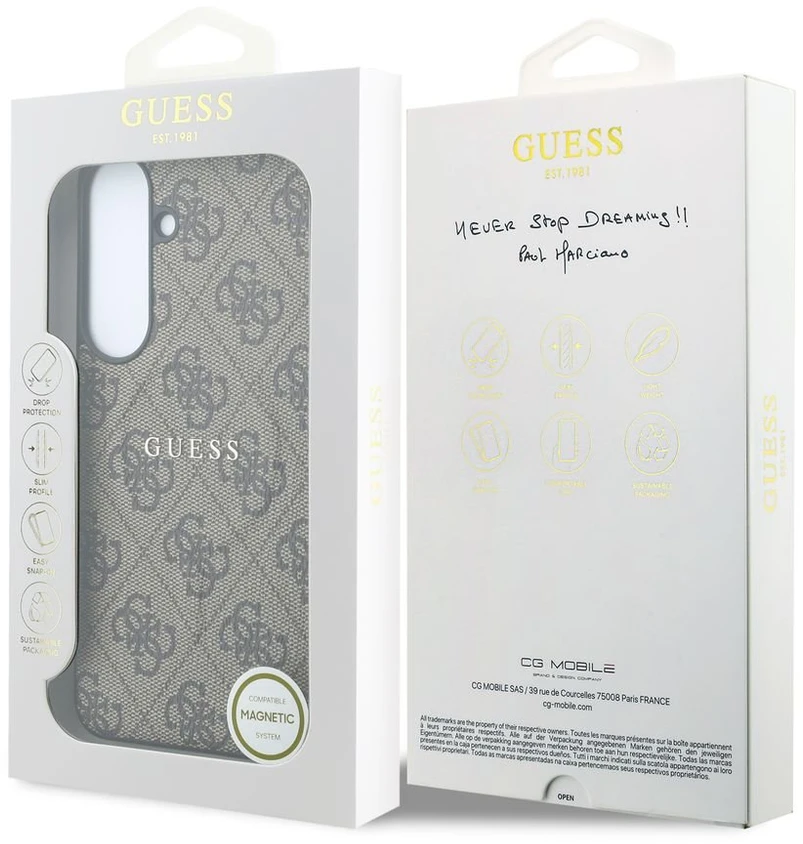 Dėklas Guess Embossed 4G Ring Classic Logo MagSafe do Samsung Galaxy S26 FE ruda