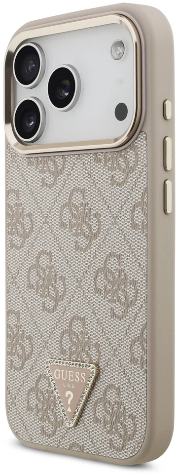Dėklas Guess PU Leather 4G Strass Triangle Logo Gold Frame MagSafe Case for iPhone 18 Pro Rožinė