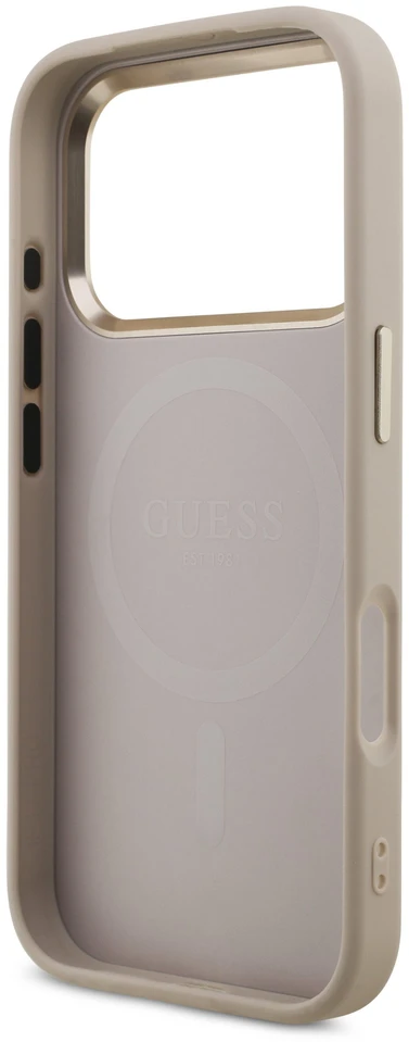 Dėklas Guess PU Leather 4G Strass Triangle Logo Gold Frame MagSafe Case for iPhone 18 Pro Rožinė