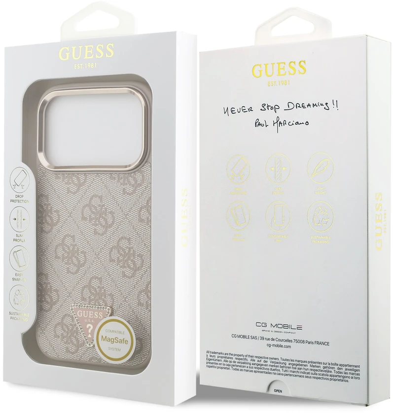 Dėklas Guess PU Leather 4G Strass Triangle Logo Gold Frame MagSafe Case for iPhone 18 Pro Rožinė
