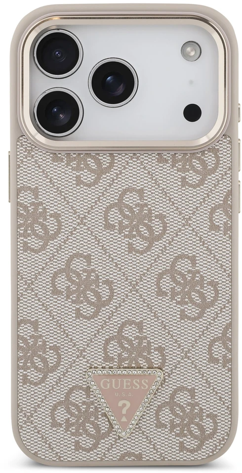 Dėklas Guess PU Leather 4G Strass Triangle Logo Gold Frame MagSafe Case for iPhone 18 Pro Rožinė