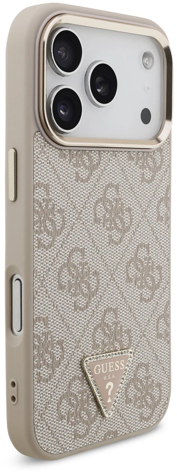 Dėklas Guess PU Leather 4G Strass Triangle Logo Gold Frame MagSafe Case for iPhone 18 Pro Rožinė