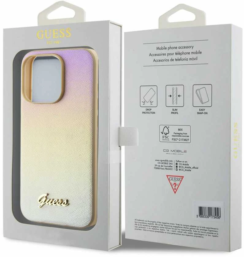 GUESS GUHCP15XPSAIRD IPHONE 15 PRO MAX 6.7" ZLOTY/AUKSINIS KIETAS DĖKLAS SAFFIANO IRIDESCENT SCRIPT