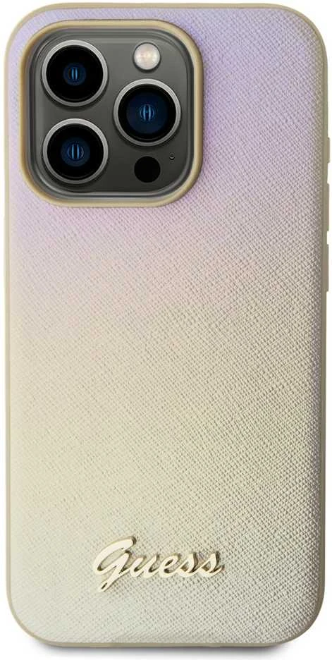 Dėklas GUESS GUHCP15LPSAIRD IPHONE 15 PRO 6.1 "GOLD / GOLD HARDCASE SAFFIANO IRIDESCENT SCRIPT