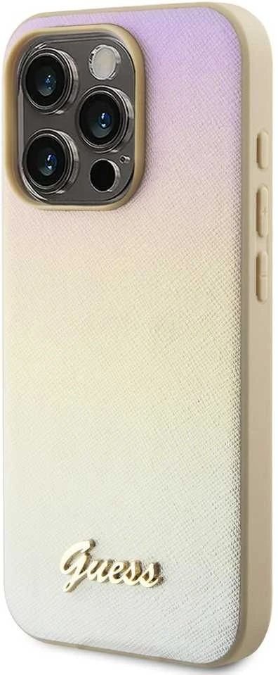 Dėklas GUESS GUHCP15LPSAIRD IPHONE 15 PRO 6.1 "GOLD / GOLD HARDCASE SAFFIANO IRIDESCENT SCRIPT