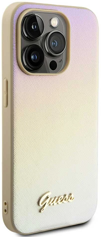 Dėklas GUESS GUHCP15LPSAIRD IPHONE 15 PRO 6.1 "GOLD / GOLD HARDCASE SAFFIANO IRIDESCENT SCRIPT