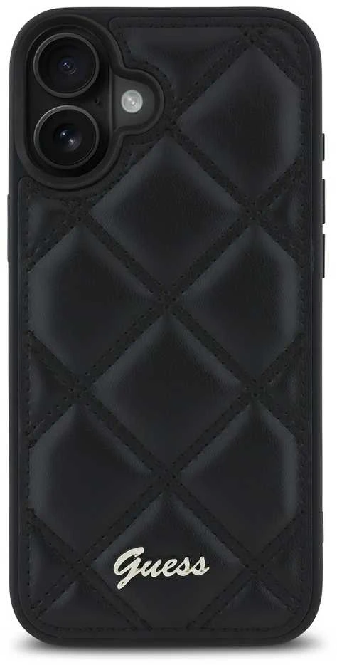 Guess GUHCP16SPSQSQSK Apple iPhone 16 6.1″ juodos spalvos kietas dėklas Quiled Metal Logo