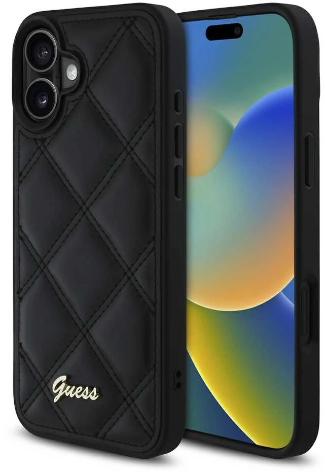 Guess GUHCP16MPSQSQSK Apple iPhone 16 Plus 6.7″ juodos spalvos kietas dėklas Quilted Metal Logo