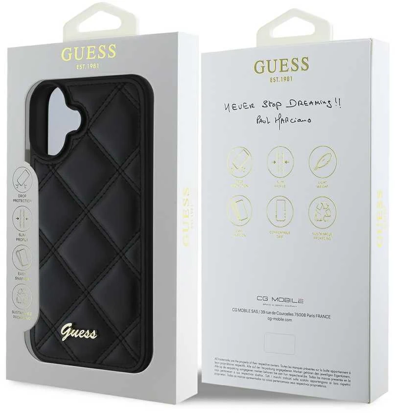 Guess GUHCP16SPSQSQSK Apple iPhone 16 6.1″ juodos spalvos kietas dėklas Quiled Metal Logo