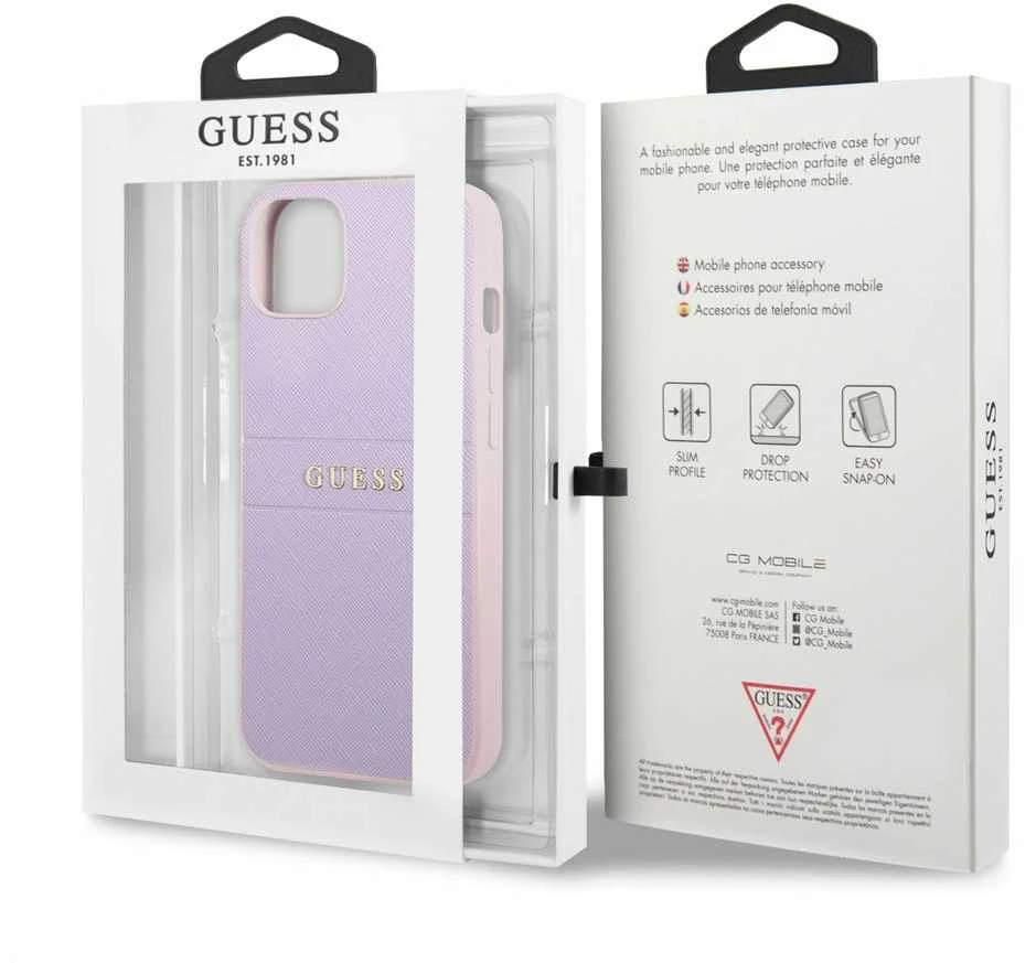 Dėklas Guess GUHCP13SPSASBPU Apple iPhone 13 mini 5,4″ violetinės spalvos Saffiano Hot Stamp & Metal Logo