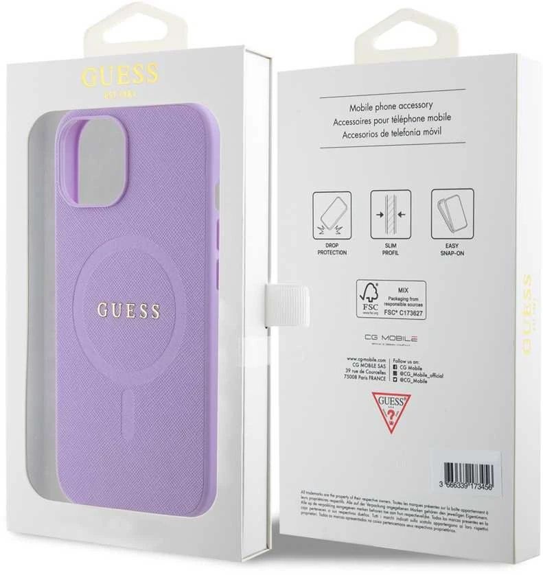 Guess GUHMP15SPSAHMCU Apple iPhone 15 / 14 /13 6.1″ violetinės spalvos kietas dėklas Saffiano MagSafe