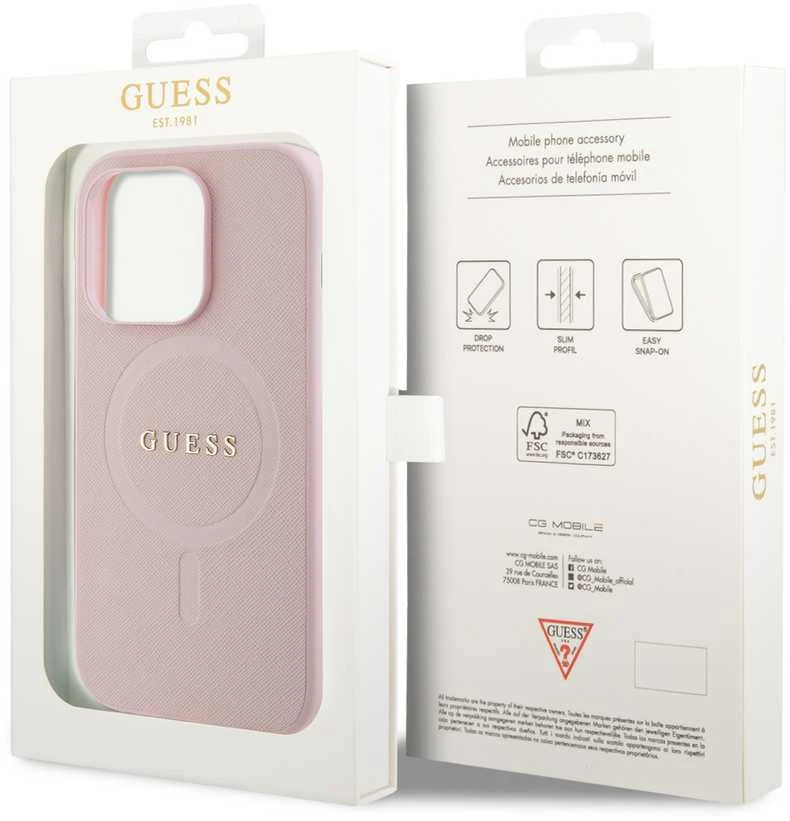Guess GUHMP15LPSAHMCP Apple iPhone 15 Pro 6.1″ rožinės spalvos kietas dėklas Saffiano MagSafe