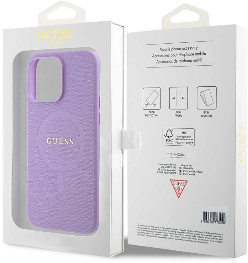 Dėklas GUESS GUHMP15XPSAHMCU IPHONE 15 PRO MAX 6.7 "PURPLE/PURPLE HARDCASE SAFFIANO MAGSAFE