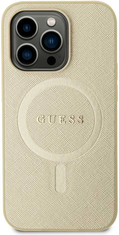 Dėklas GUESS GUHMP15XPSAHMCB IPHONE 15 PRO MAX 6.7 "ZLOTY/GOLD HARDCASE SAFFIANO MAGSAFE