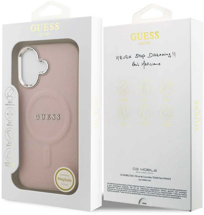 Guess PU Saffiano MagSafe dėklas skirtas Apple iPhone 17 rožinės spalvos