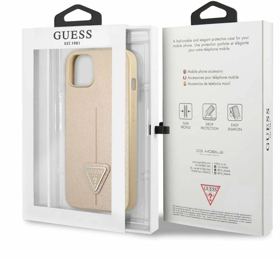 Guess GUHCP13SPSATLE iPhone 13 mini 5,4 colio mažesnis/smėlio spalvos kietas dėklas SaffianoTriangle logotipas