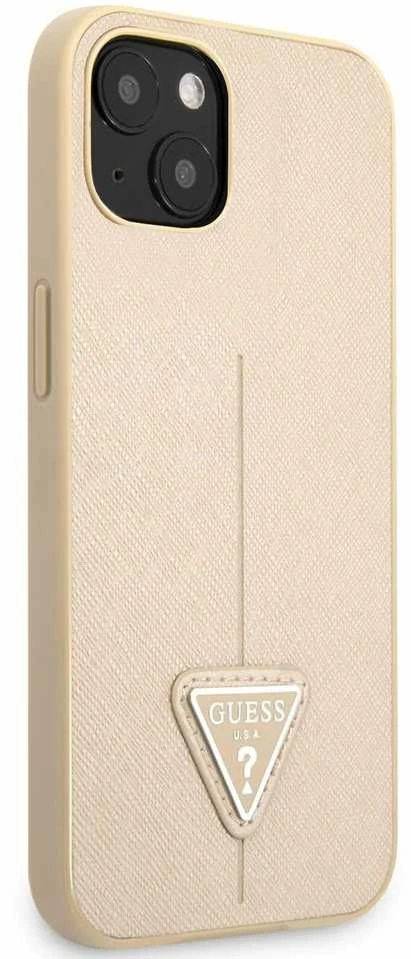 Guess GUHCP13SPSATLE iPhone 13 mini 5,4 colio mažesnis/smėlio spalvos kietas dėklas SaffianoTriangle logotipas