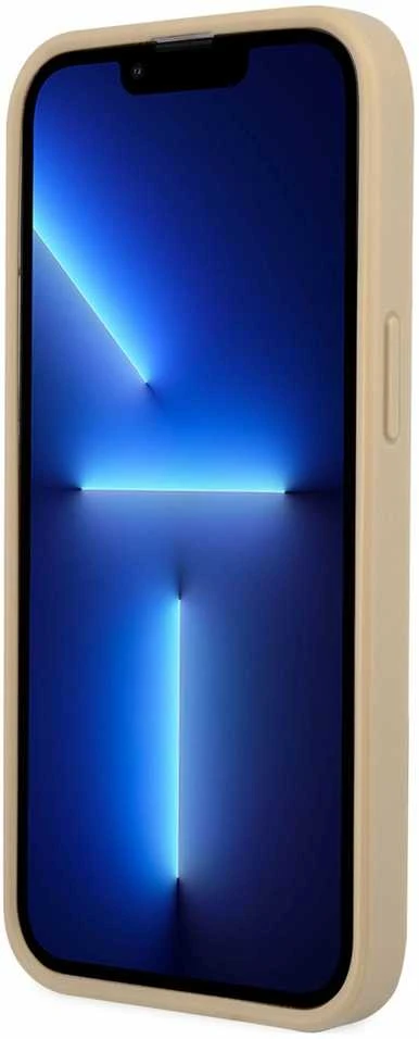 Guess GUHCP13SPSATLE iPhone 13 mini 5,4 colio mažesnis/smėlio spalvos kietas dėklas SaffianoTriangle logotipas