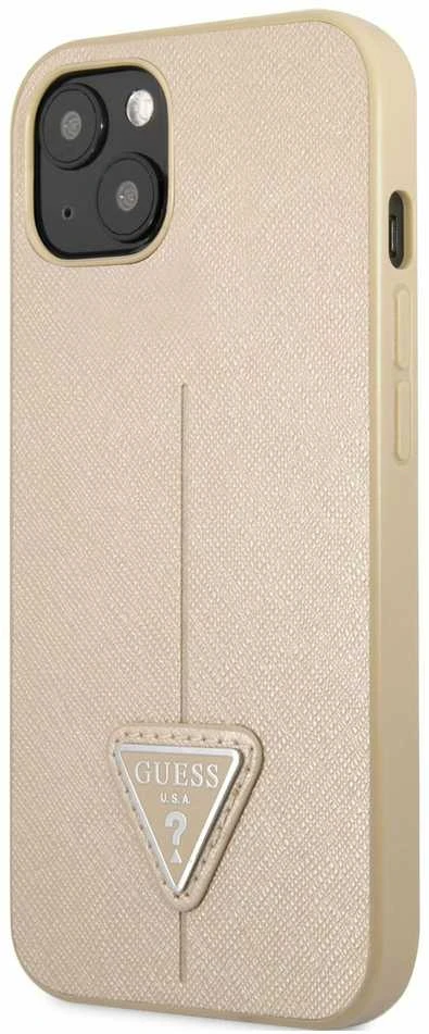 Guess GUHCP13SPSATLE iPhone 13 mini 5,4 colio mažesnis/smėlio spalvos kietas dėklas SaffianoTriangle logotipas